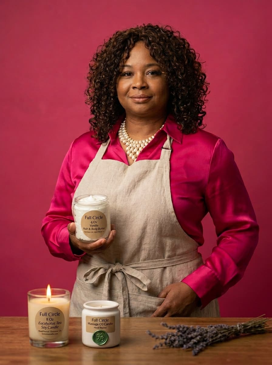 Millie H., founder of Full Circle Candles, in her Suwanee studio holding the Vanilla hair and body butter, with the Eucalyptus Tea soy candle and Massage Oil candle on the counter.