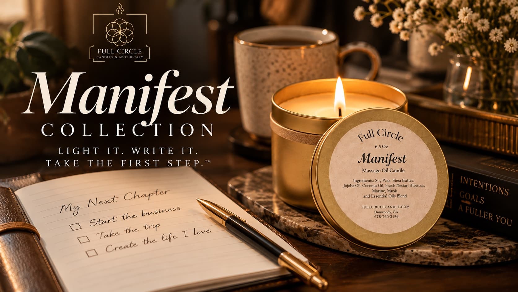 A lit Manifest massage oil candle beside a journal open to “My Next Chapter” and a gold pen