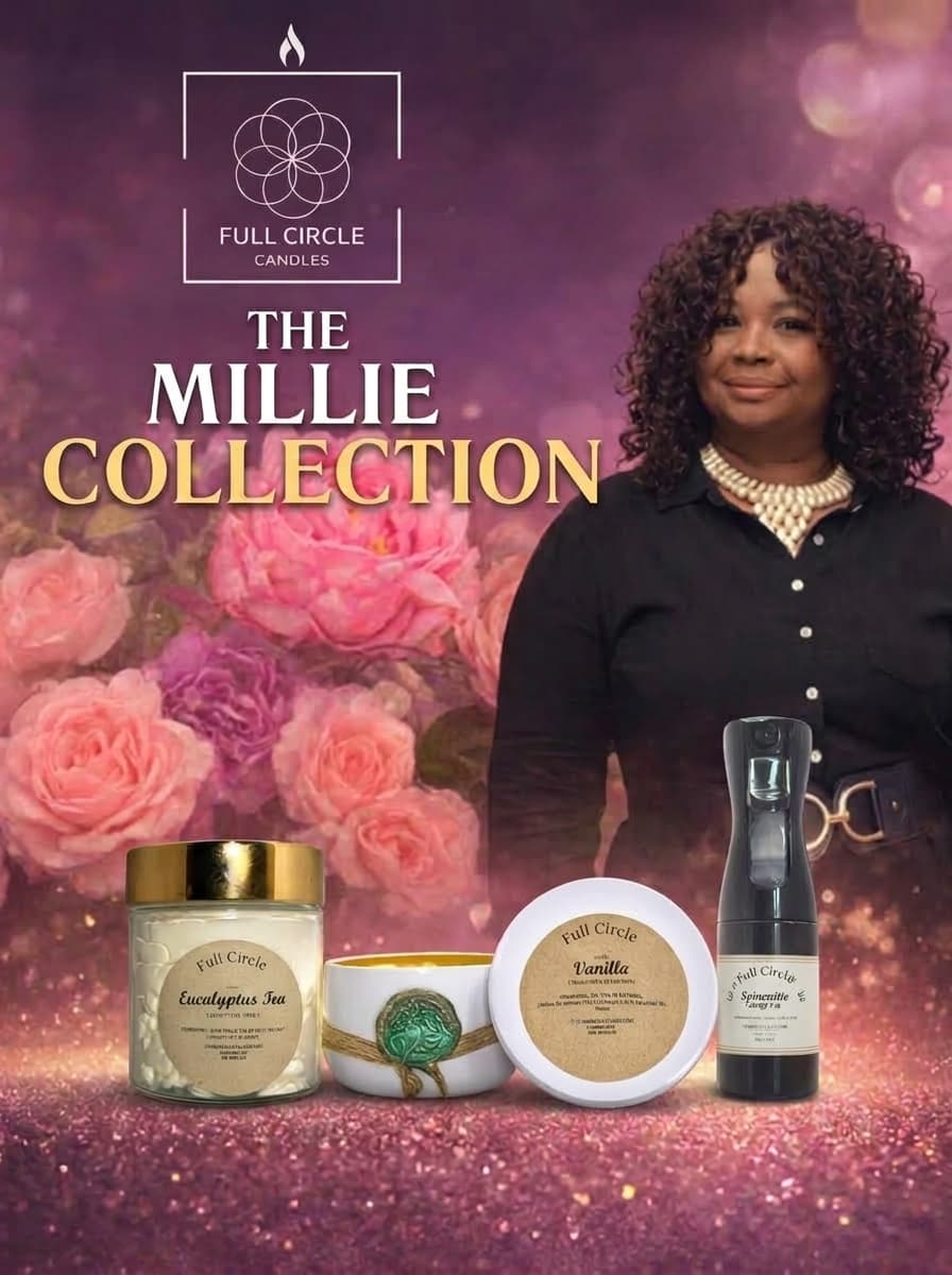 Millie H., founder of Full Circle Candles, with The Millie Collection — Eucalyptus Tea massage candle, Vanilla whipped body butter, signature candle, and room spray.